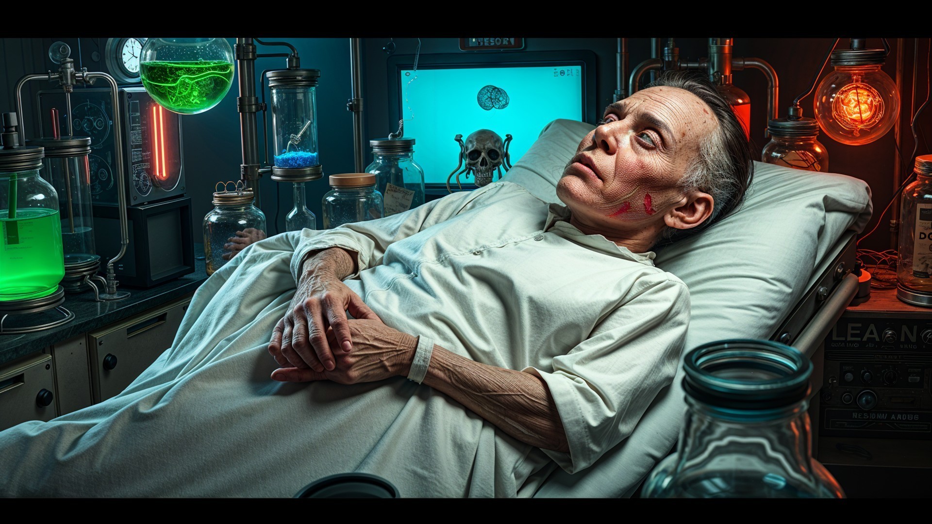 Elderly Patient in Dimly Lit Hospital with Colorful Jars
