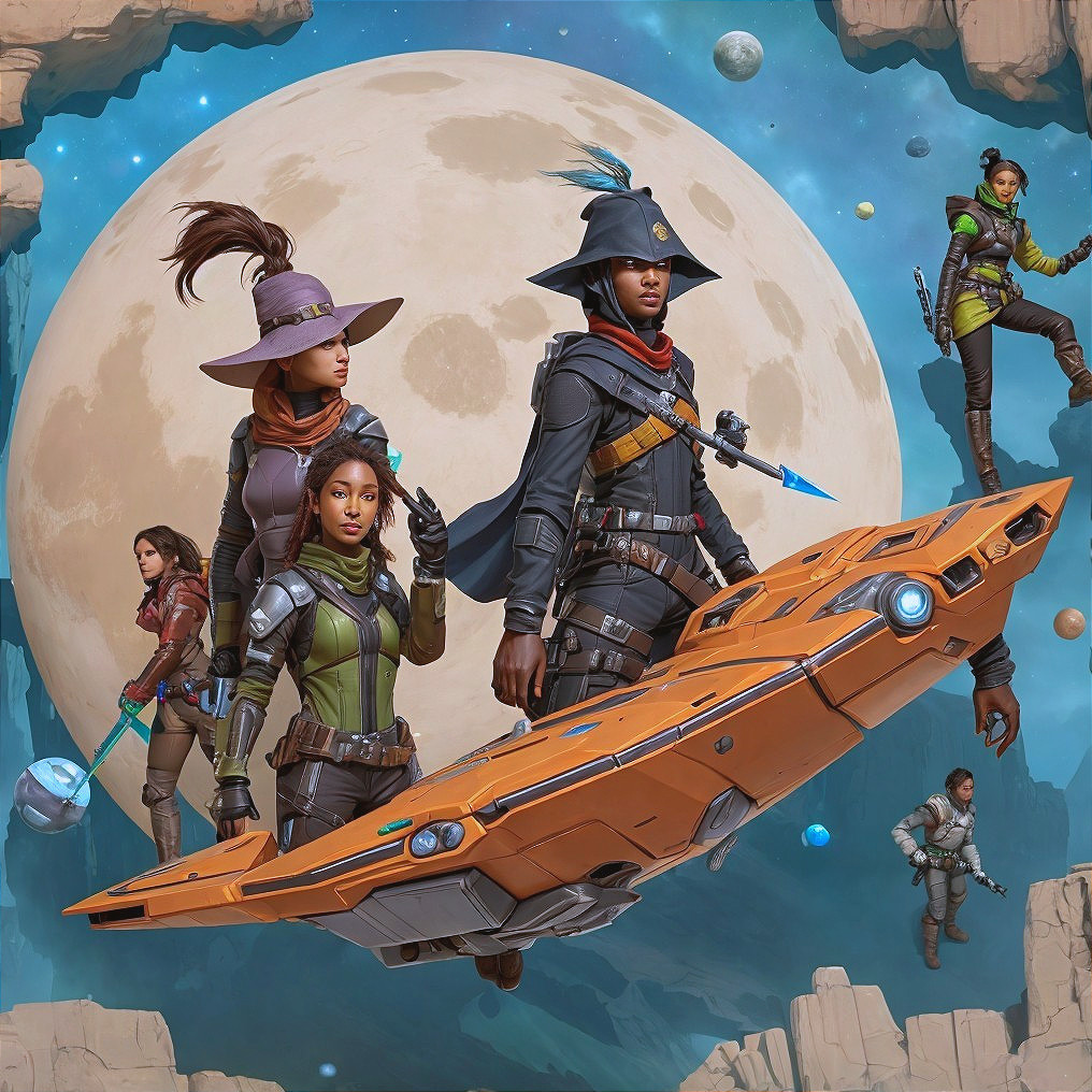 Futuristic Characters on Orange Spaceship with Moon Backdrop