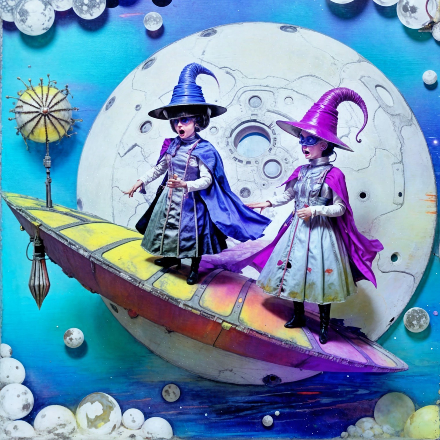 Whimsical Child Witches on Colorful Spaceship Above Moon
