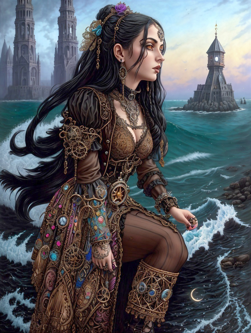 Mystical Woman in Steampunk Outfit by the Shore