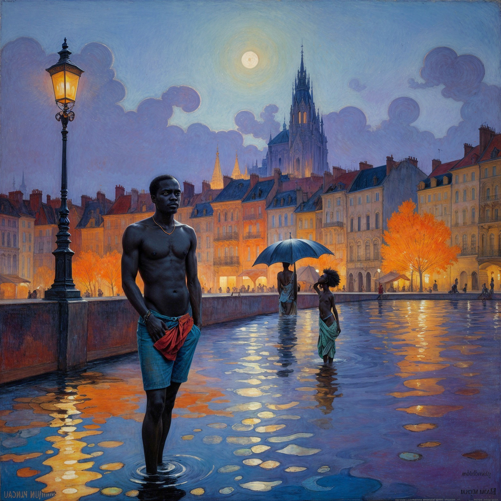 Twilight Scene by a Cobblestone River with Autumn Leaves