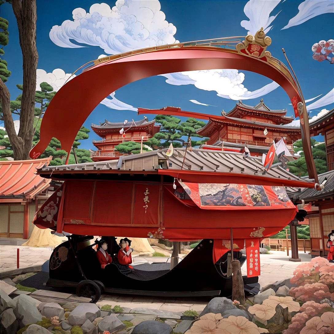 Ornate Red Boat in Traditional Japanese Landscape