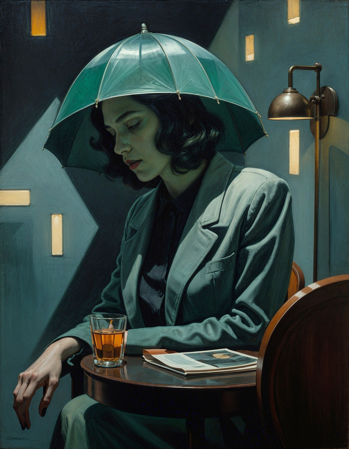 Contemplative Woman in Tailored Suit with Umbrella