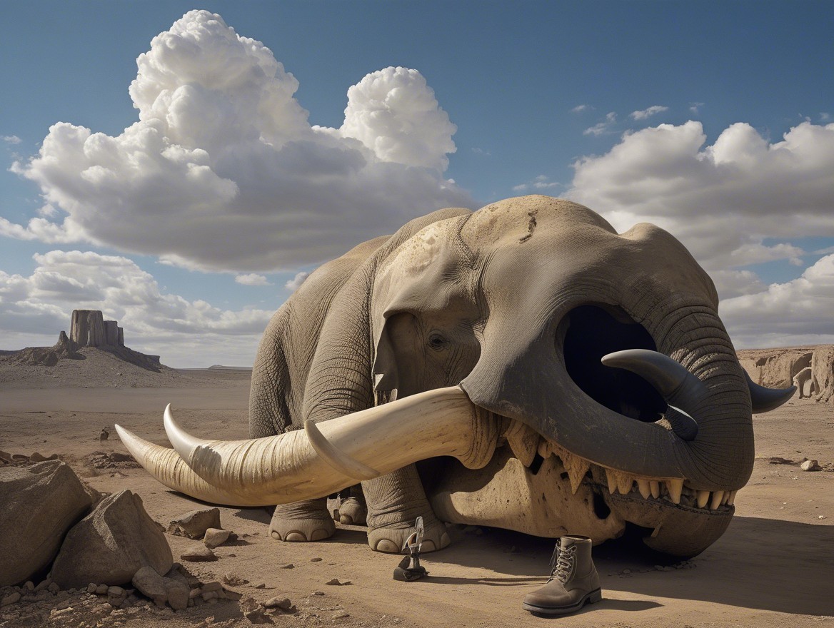 Surreal Elephant in Barren Landscape with Clouds