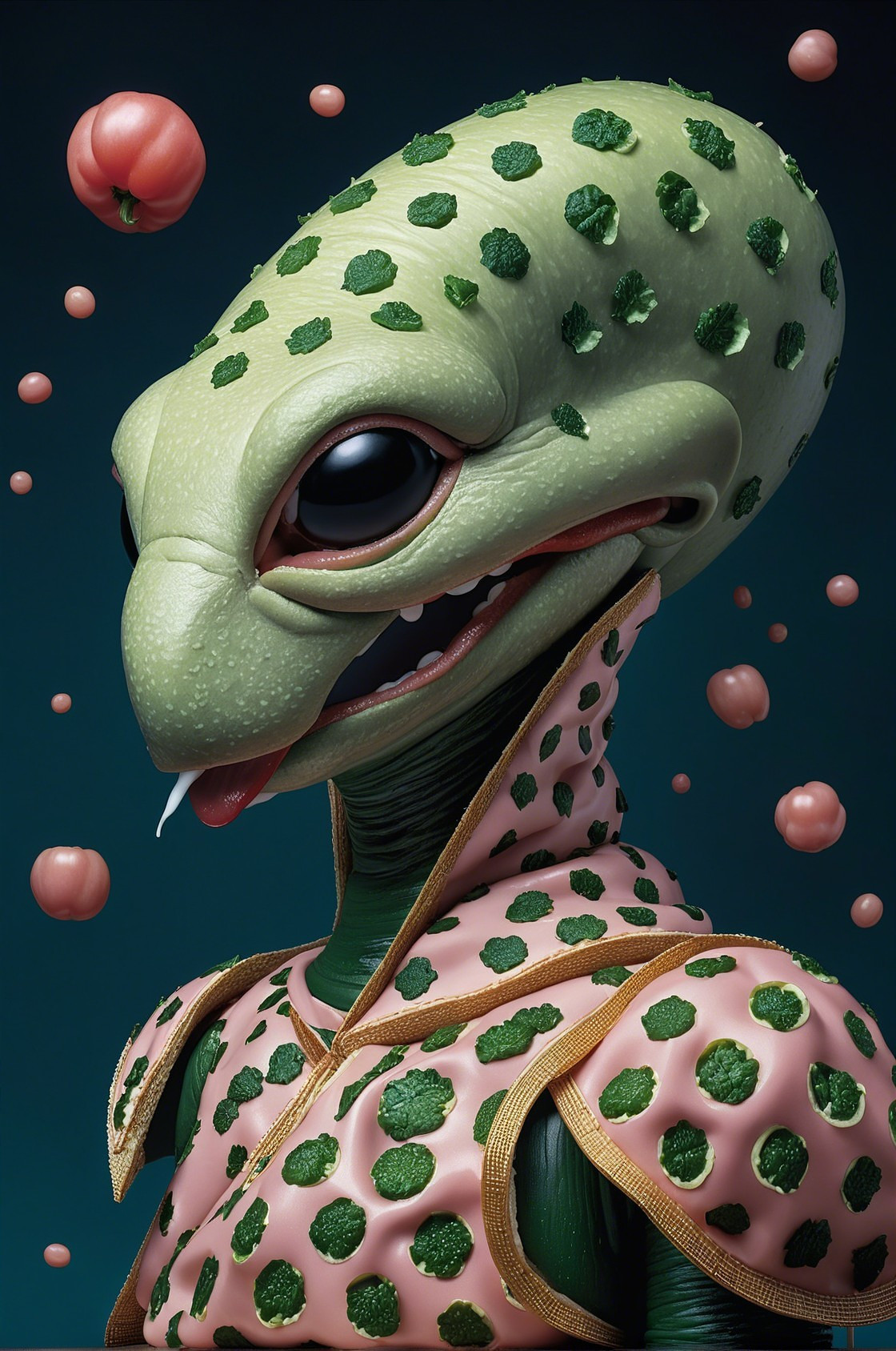 Whimsical Humanoid Creature with Colorful Tomatoes