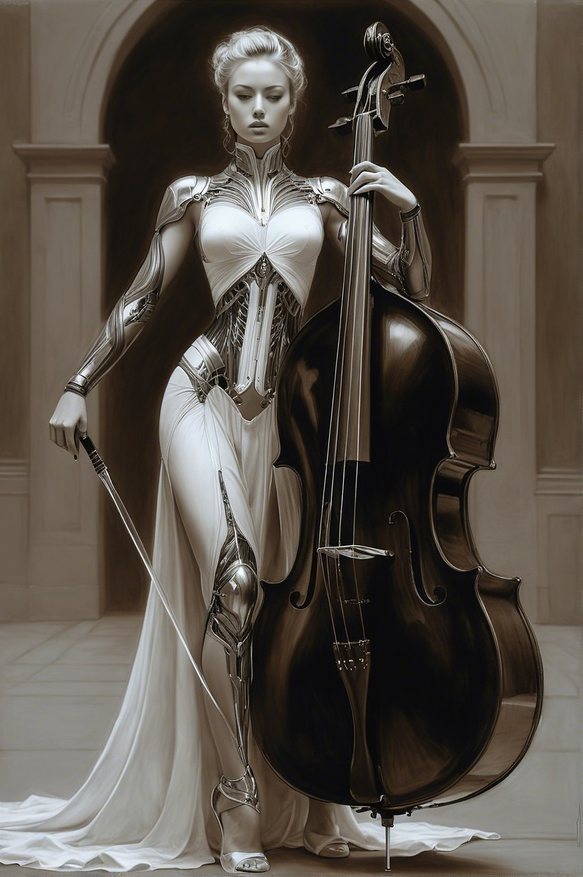 Futuristic Figure with Cello in Metallic Armor