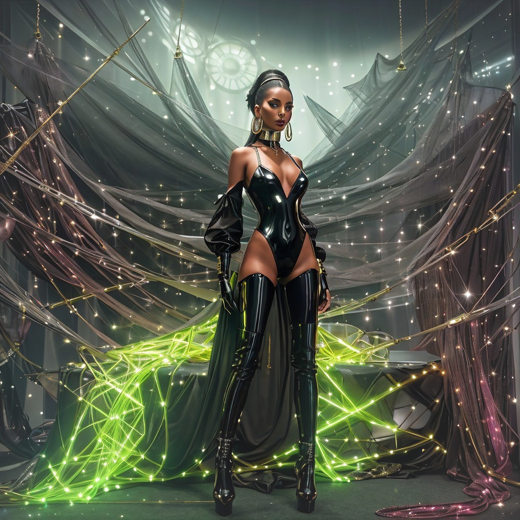 Futuristic figure in black latex with shimmering lights