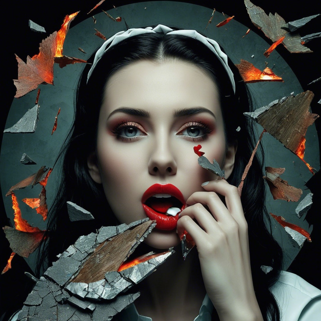 Striking Woman with Bold Makeup and Glass Shard