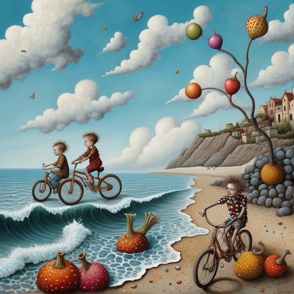 Whimsical Coastal Scene with Children and Sea Creatures