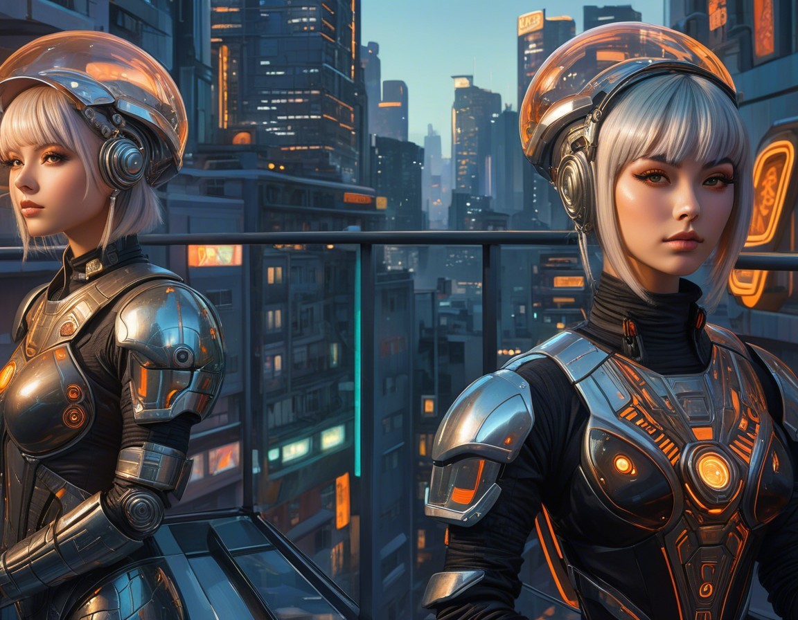 Futuristic Cityscape with Women in Metallic Space Suits