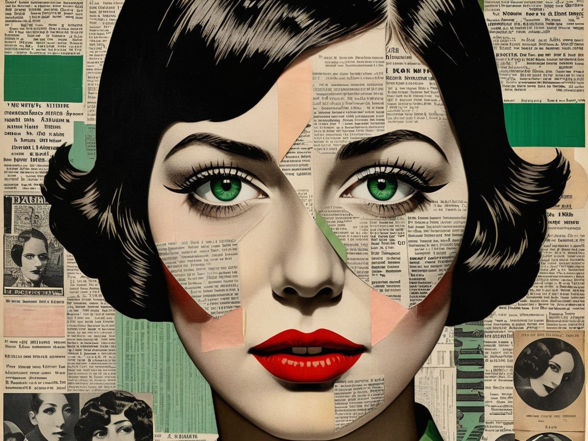 Woman with Green Eyes and Red Lips in Collage Art