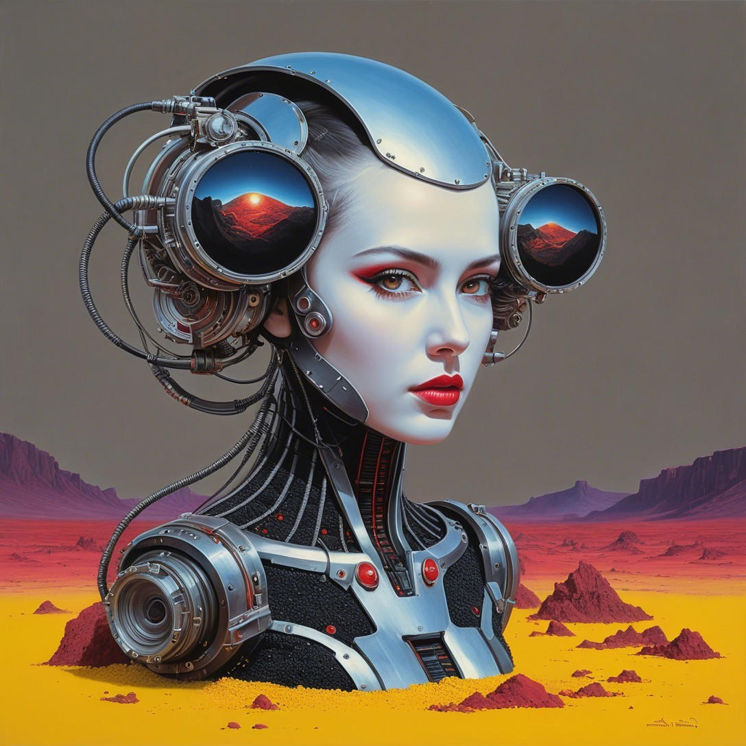 Futuristic Female Android in Surreal Desert Landscape