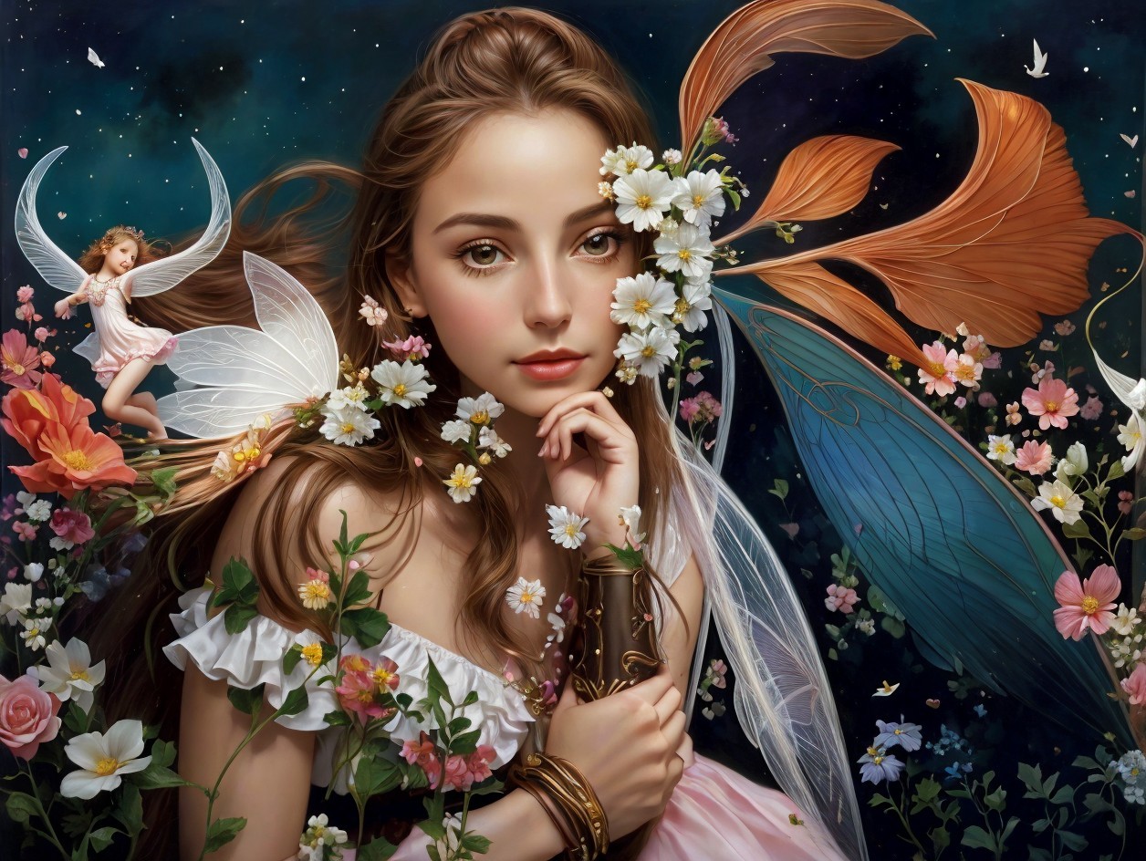 Mystical Scene of Woman with Flowers and Butterflies