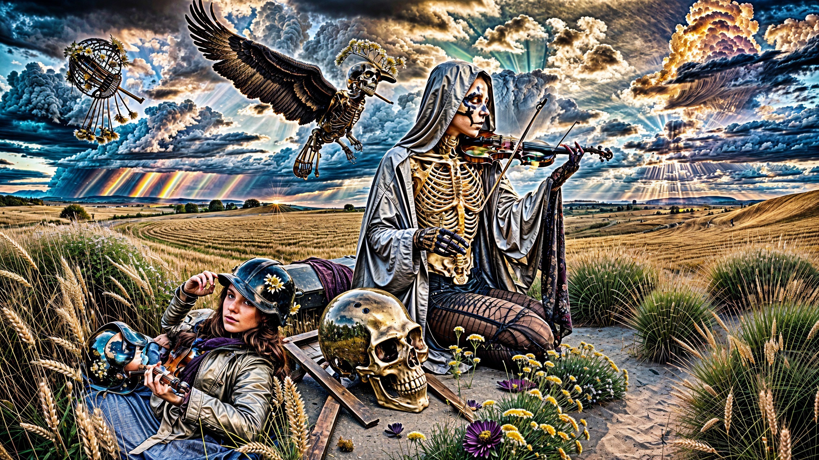 Surreal Landscape with Violinist and Skeletons