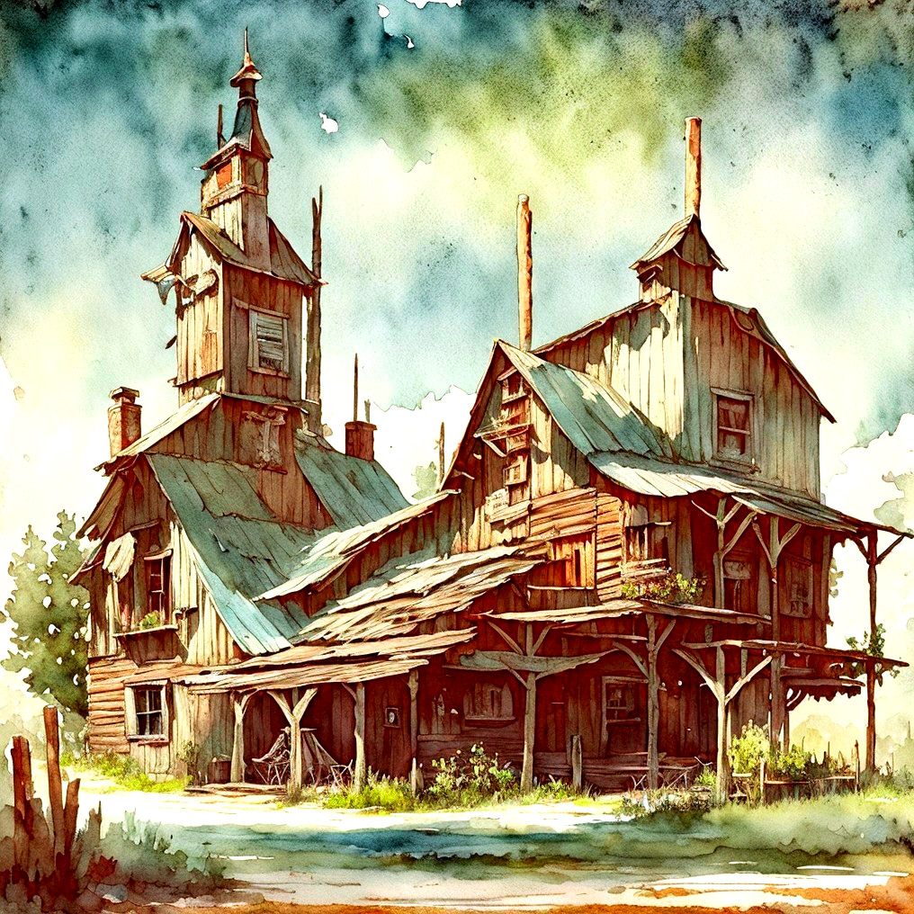 Weathered Wooden Farmhouse in Serene Landscape