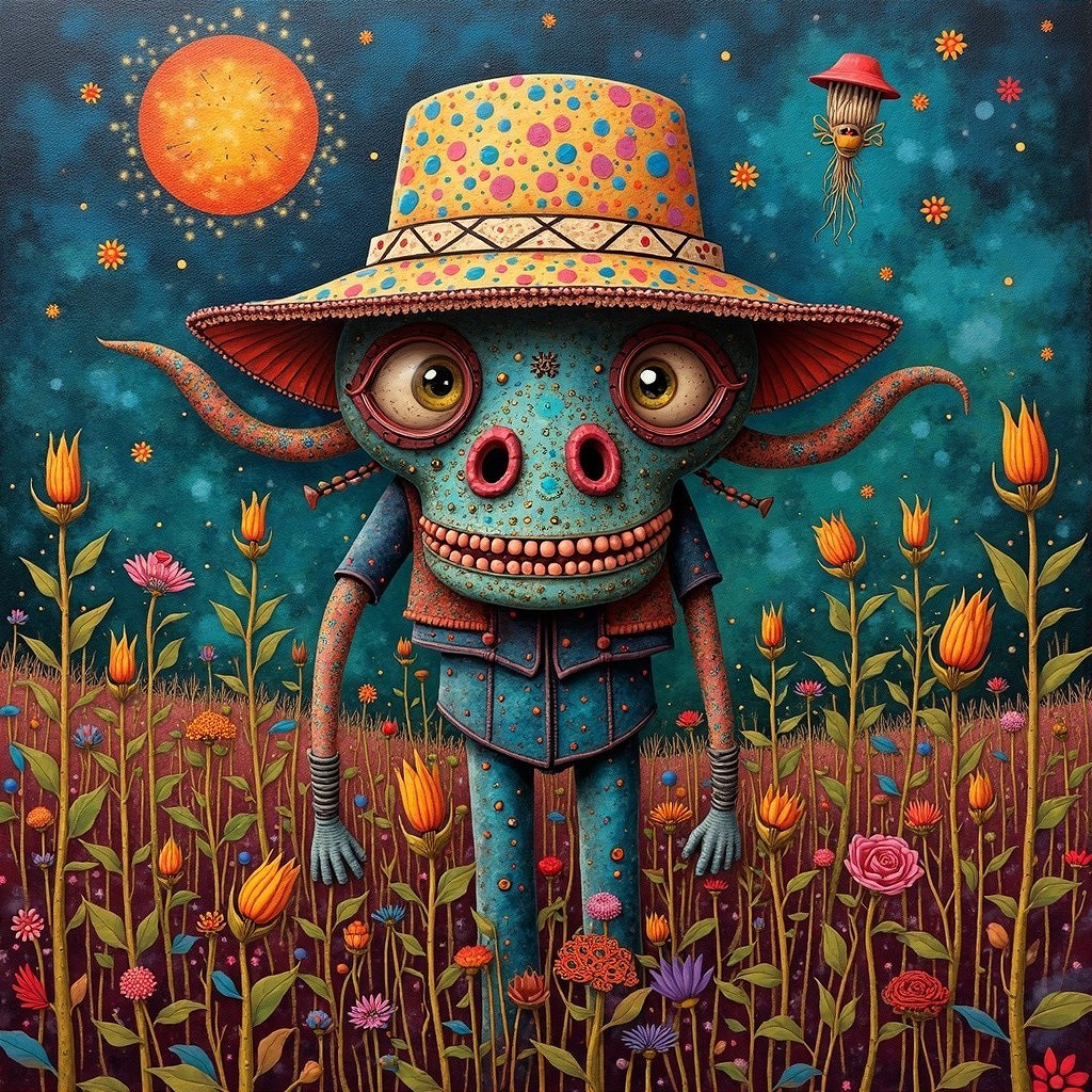 Whimsical Creature in Colorful Flower Field Scene