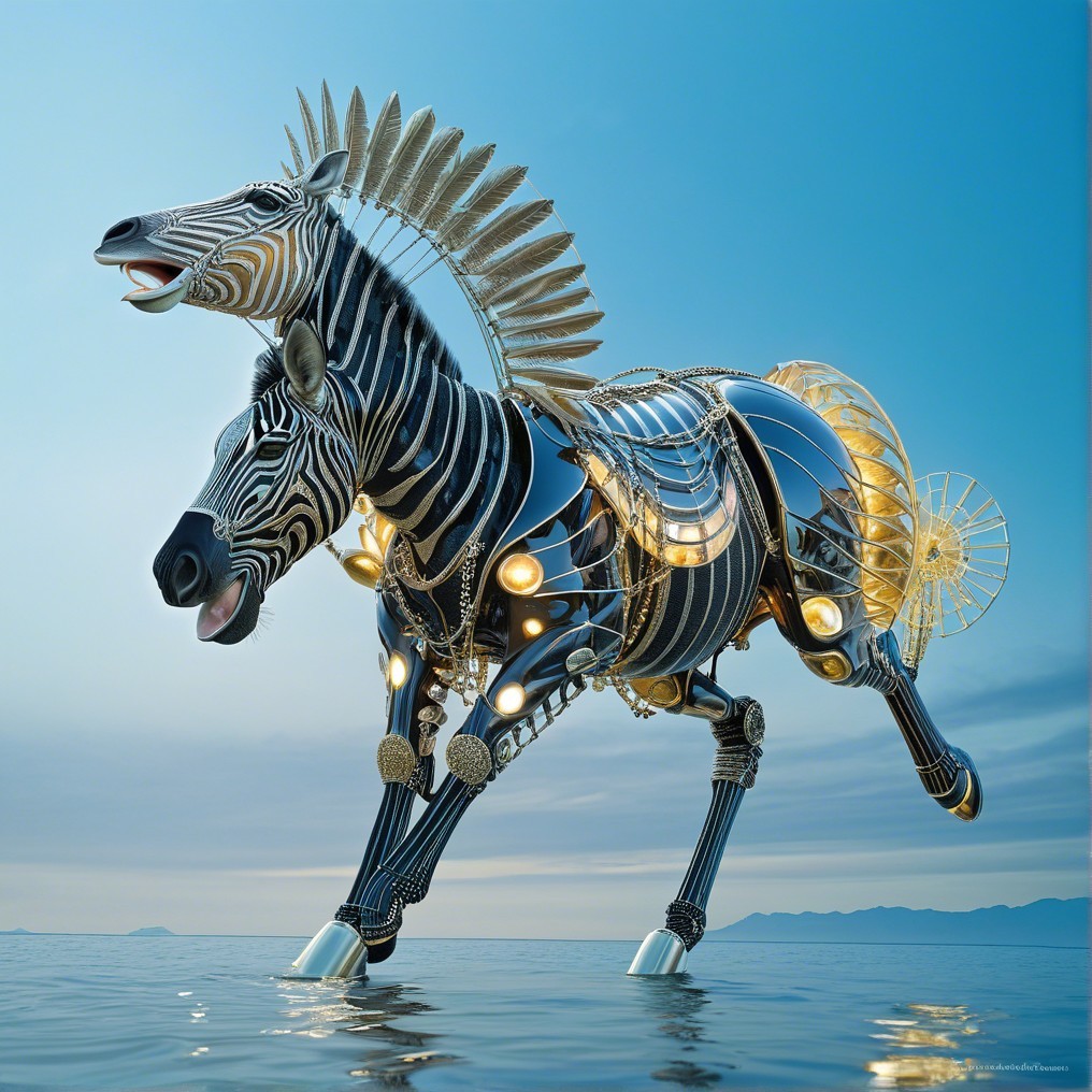 Surreal Metallic Horse Galloping Through Tranquil Sea