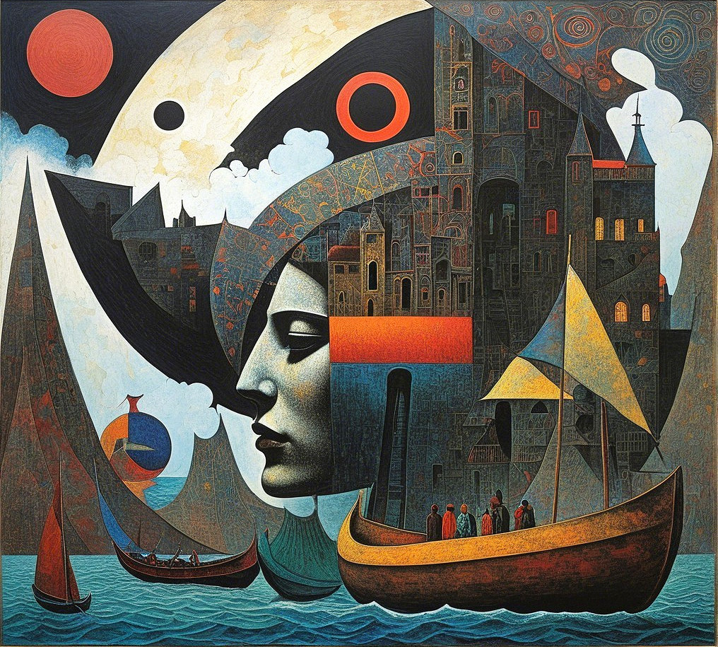 Surreal Landscape with Abstract Face and Cityscape