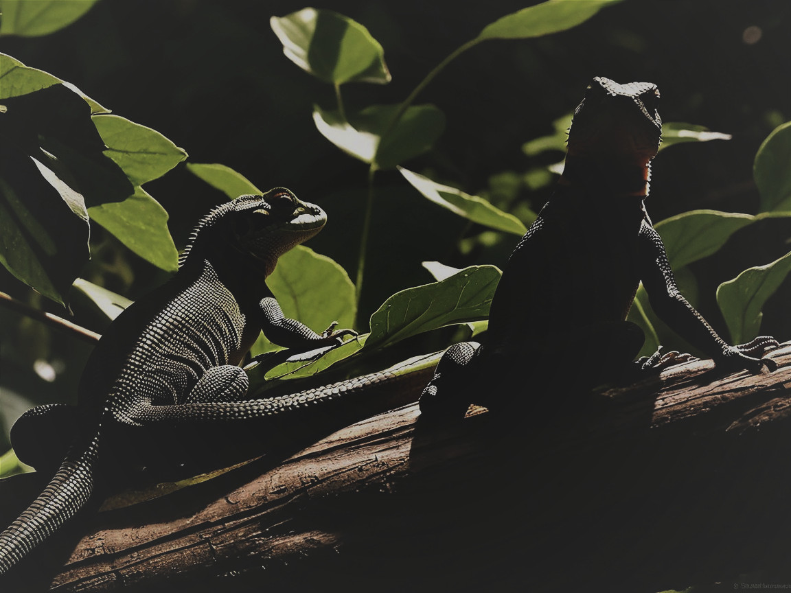 Lizards on a Log in a Lush Green Environment