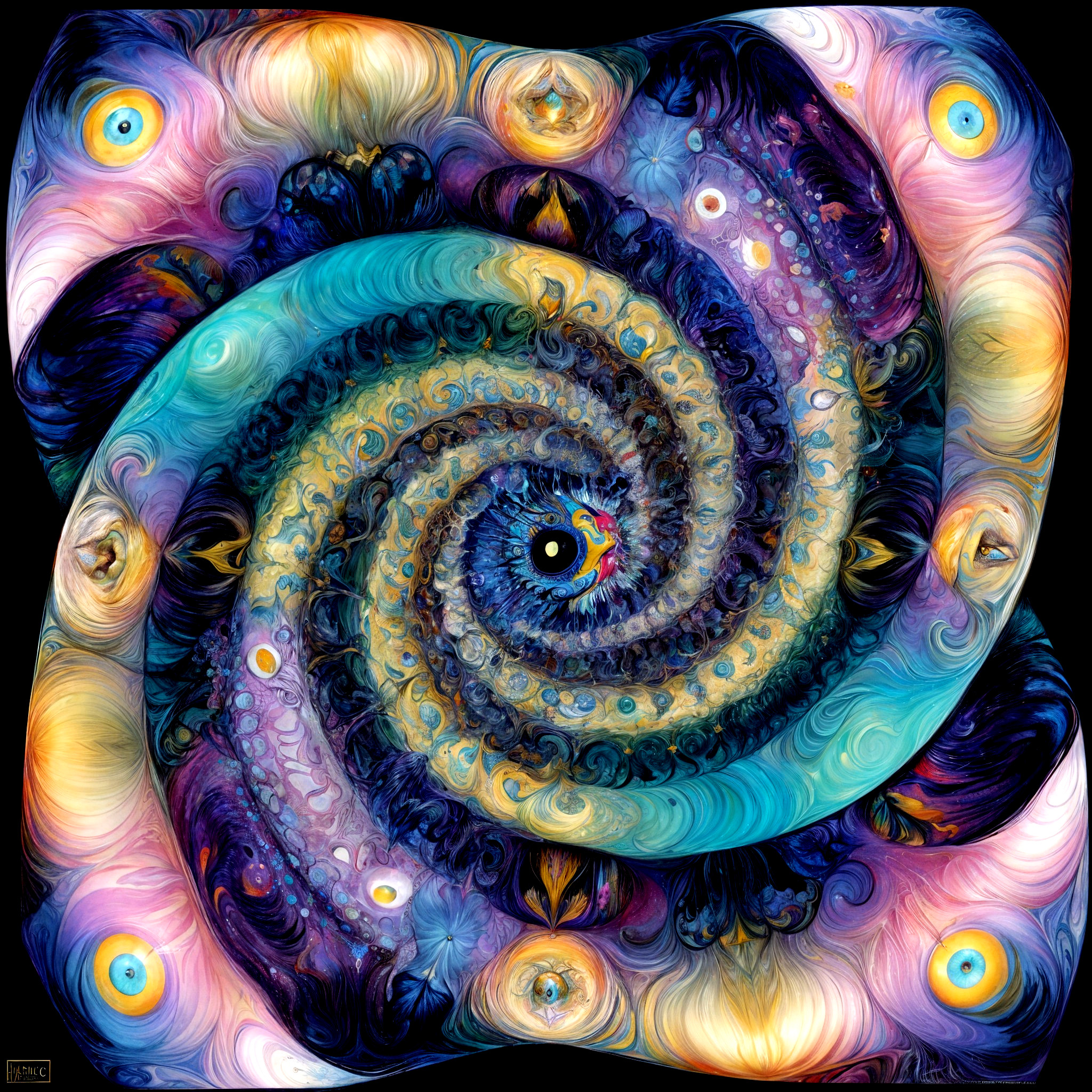 Vibrant Swirl Pattern with Cosmic and Floral Motifs