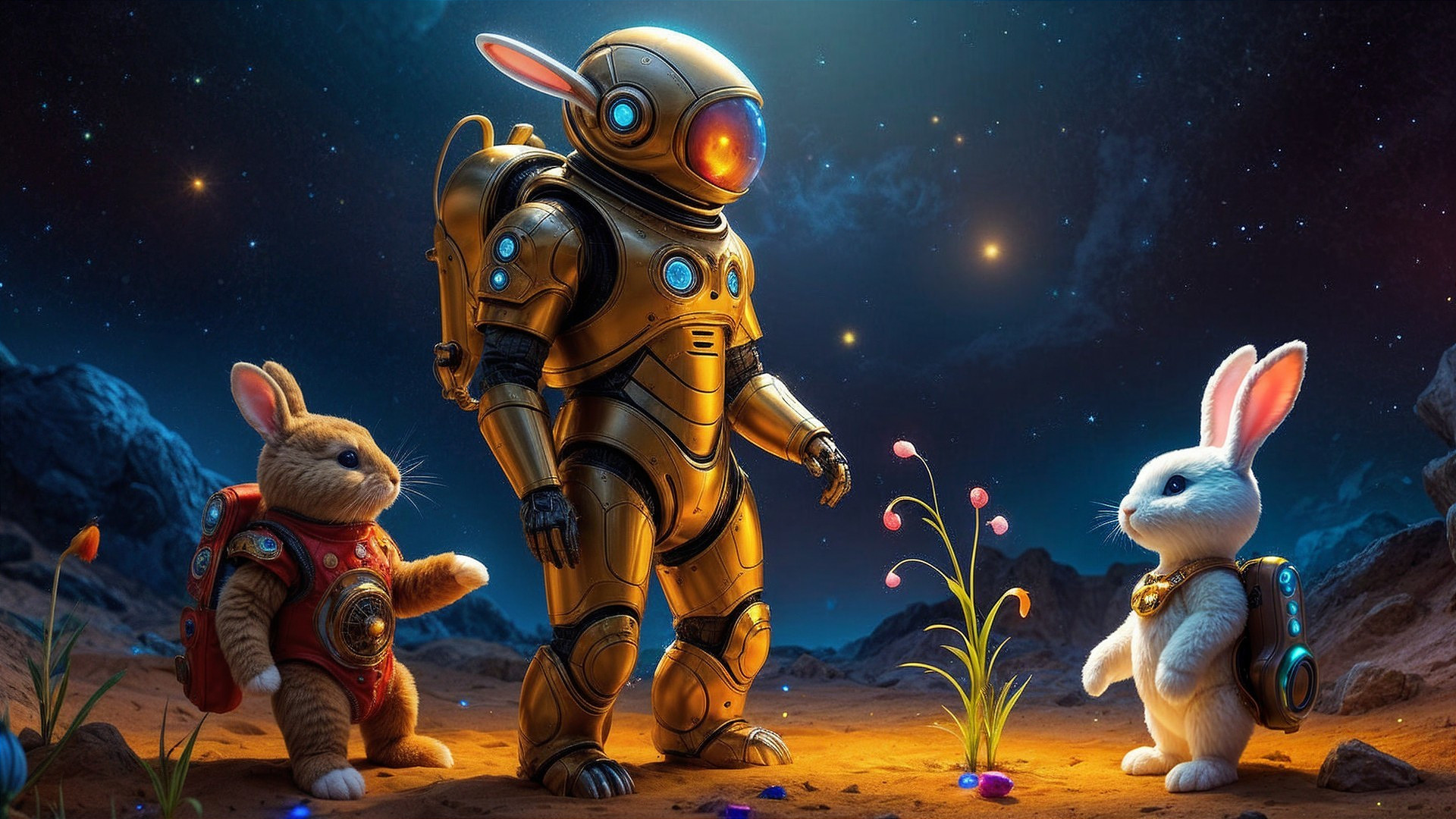 Cosmic Scene with Rabbits in Space Suits and Flowers