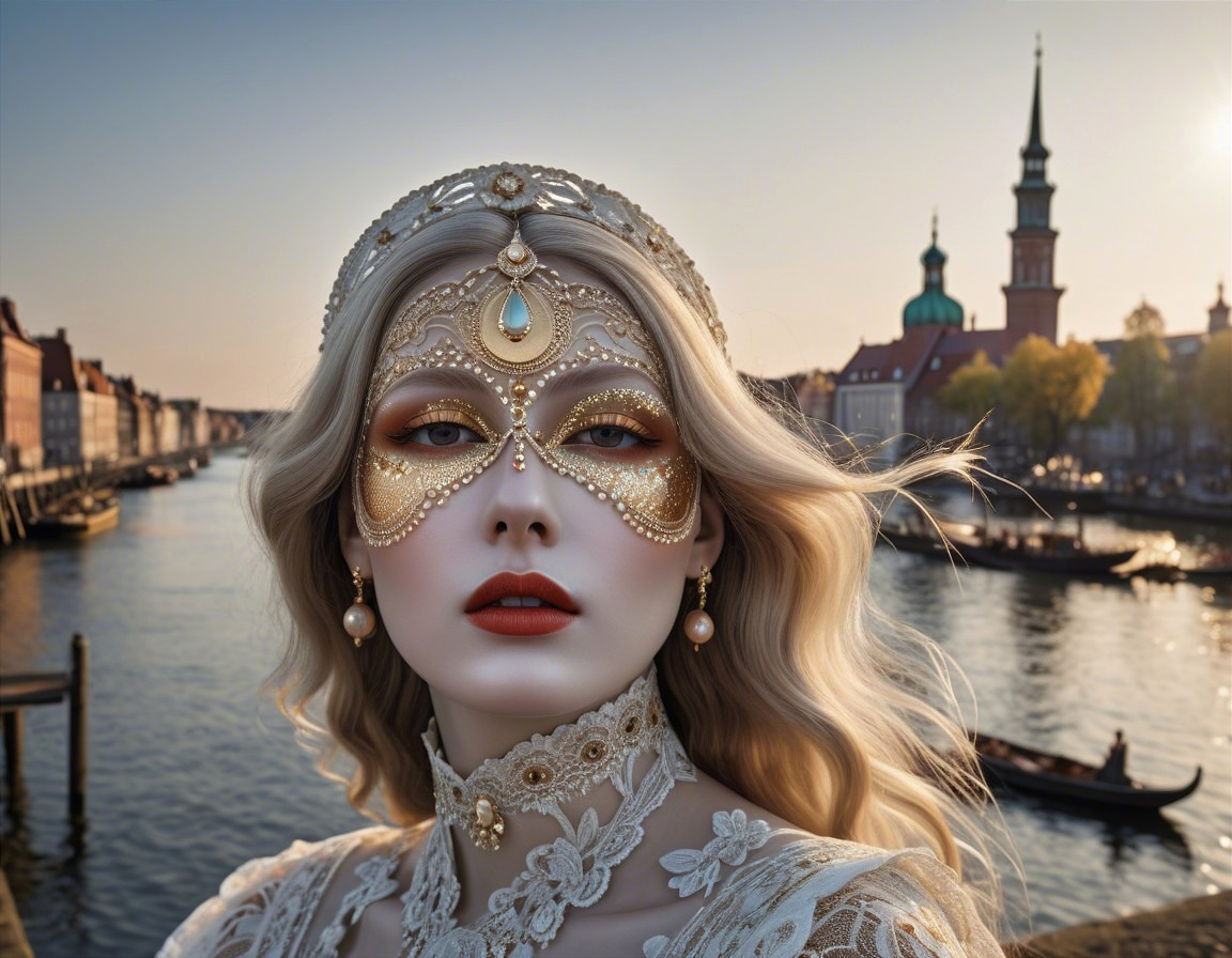 Portrait of a woman with golden makeup and mask by water