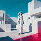 Surreal Figure with Wings on Red Rooftop Scene