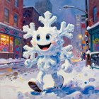 Fluffy White Dragon on Snowy Street Pulling a Sled