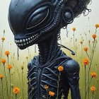 Surreal Cybernetic Figure in Yellow Flower Field