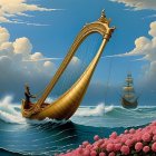 Golden harp among pink roses in a surreal landscape
