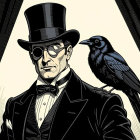 Formal Figure with Raven in Mysterious Setting
