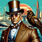 Gentleman in Top Hat Against Vibrant Sea and Ships