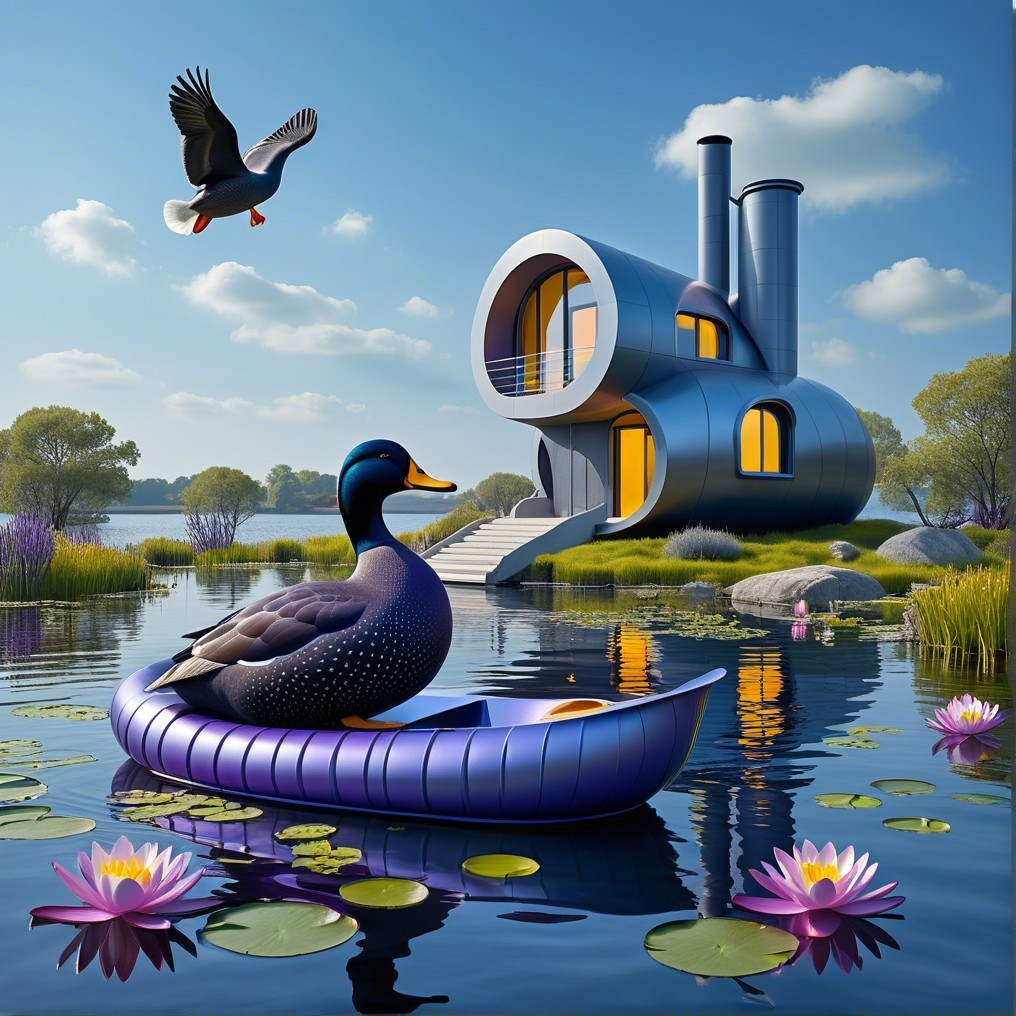 Whimsical House by Tranquil Lake with Vibrant Duck