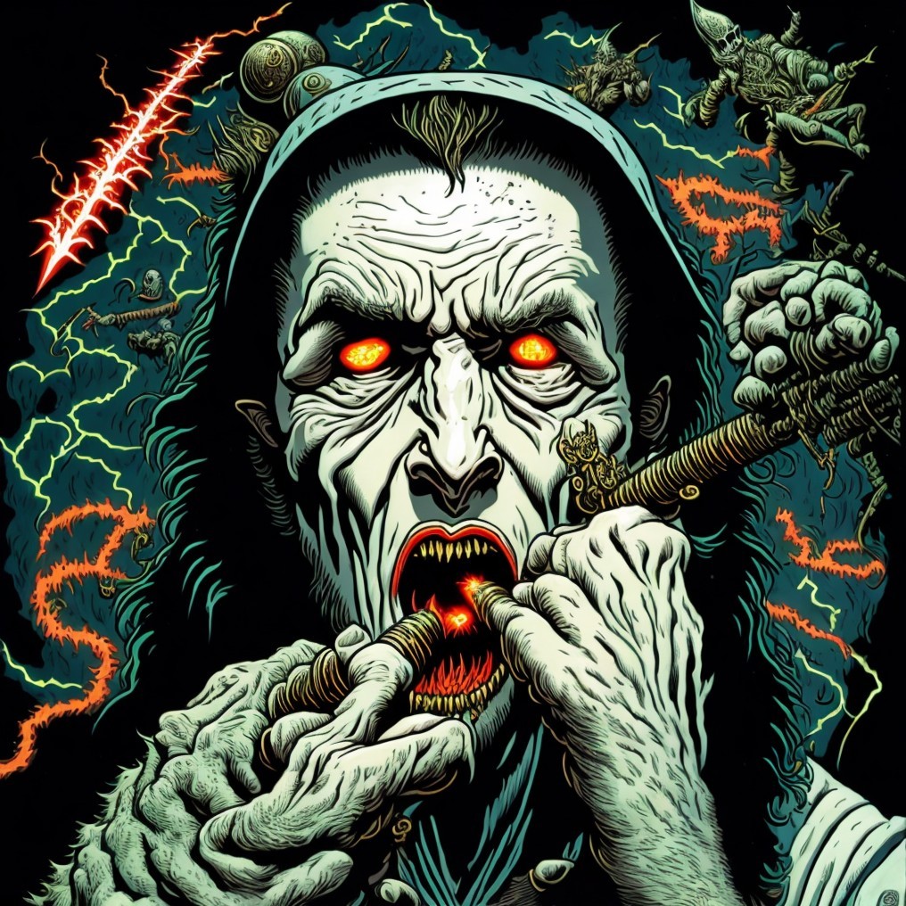 Sinister Figure with Glowing Eyes Playing a Flute