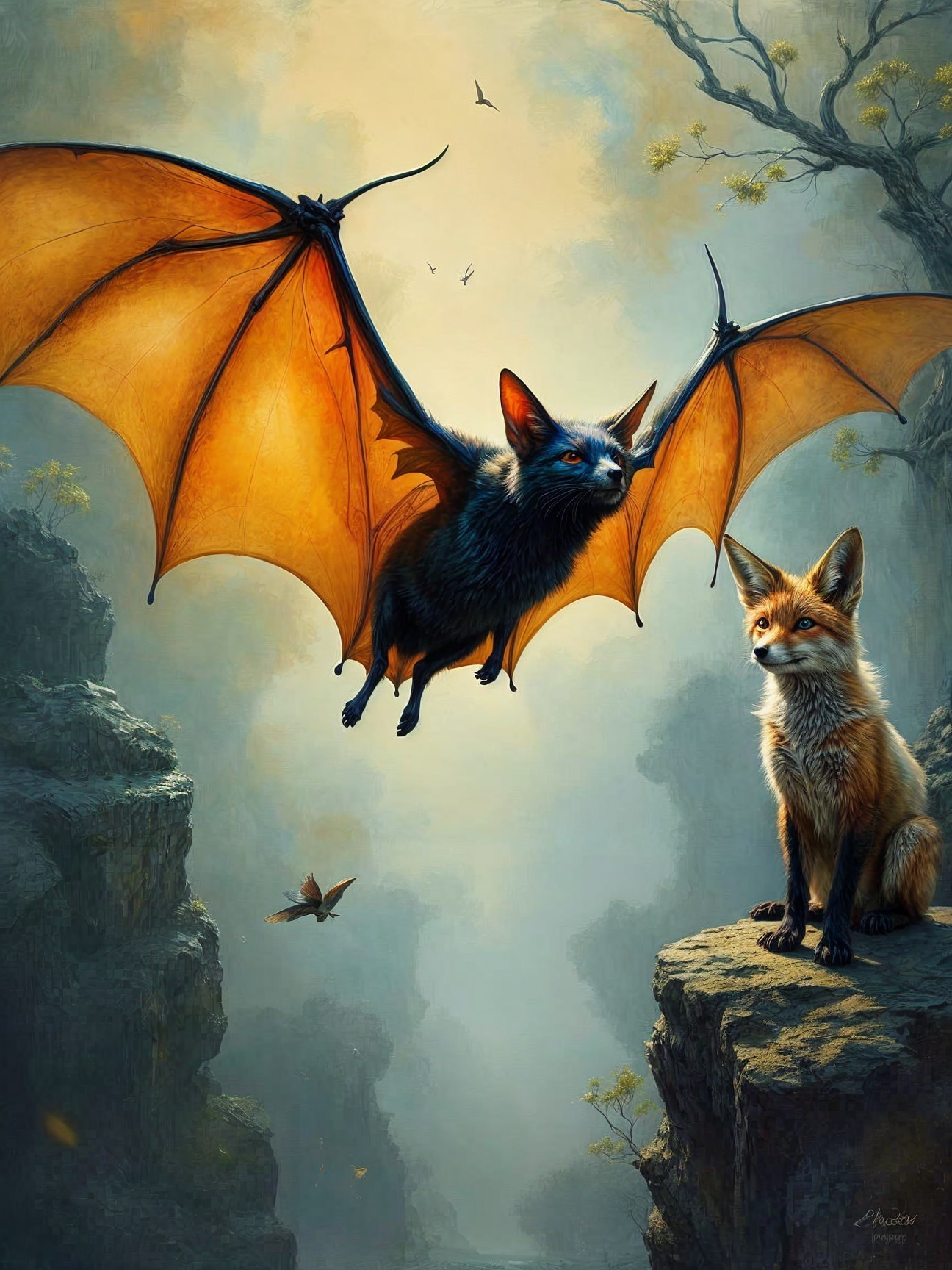 Fantastical creature with bat wings in mystical landscape