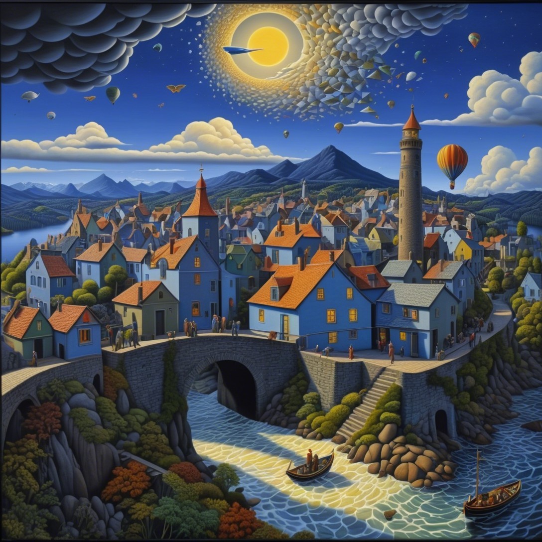 Vibrant Landscape with Village, River, and Mountains