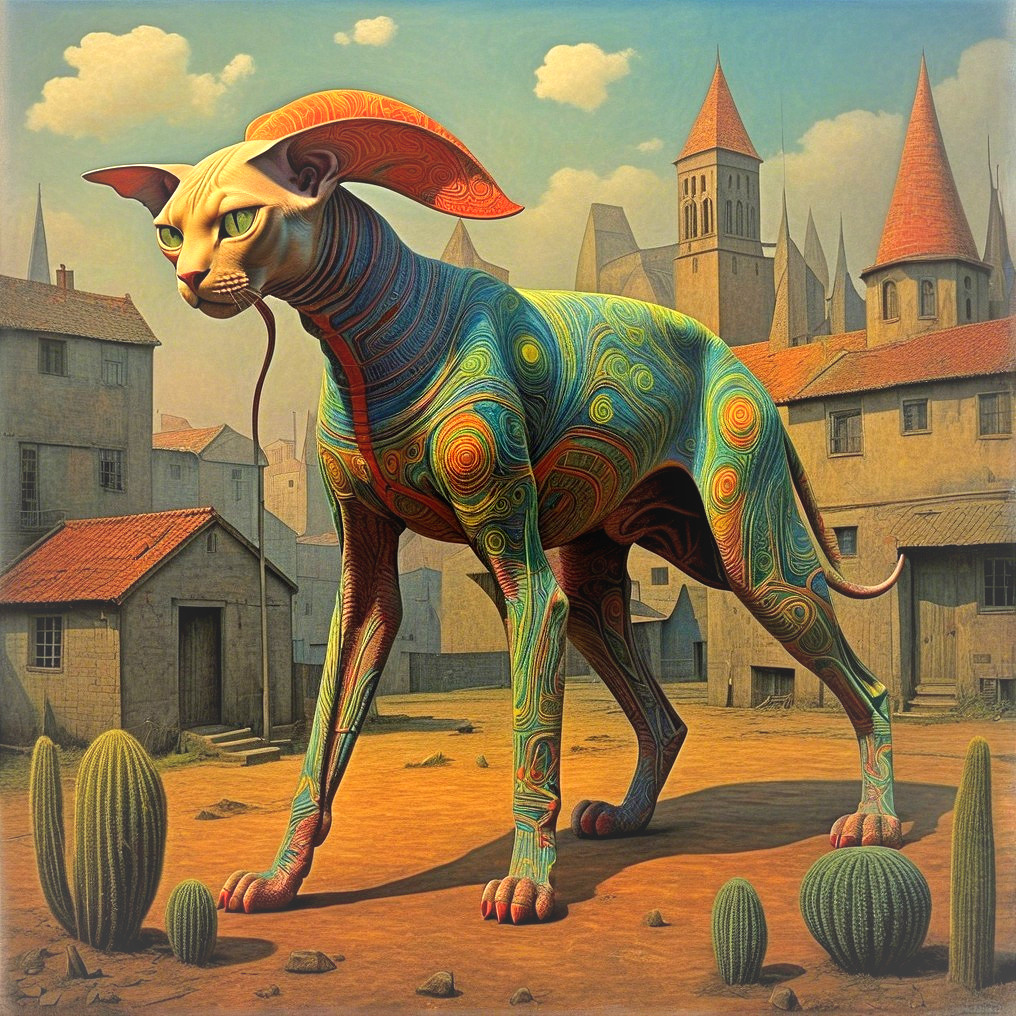 Surreal Artwork of Sphynx Cat in Desert Landscape