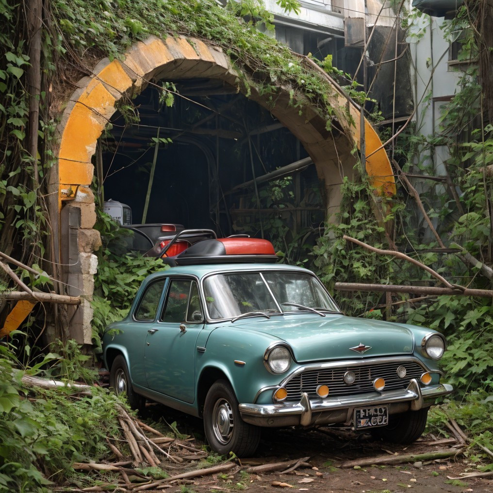 Abandoned Vintage Teal Car in Overgrown Environment