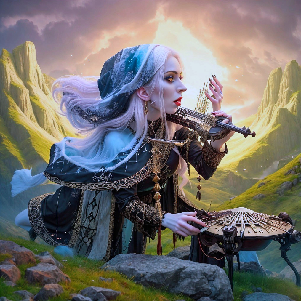 Ethereal figure with silver hair playing a string instrument