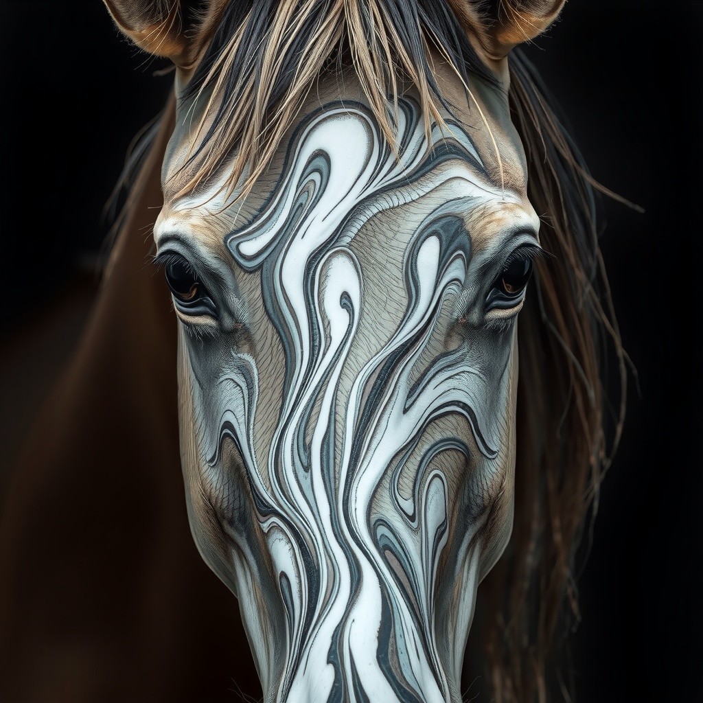 Close-up of a horse's face with marble-like patterns