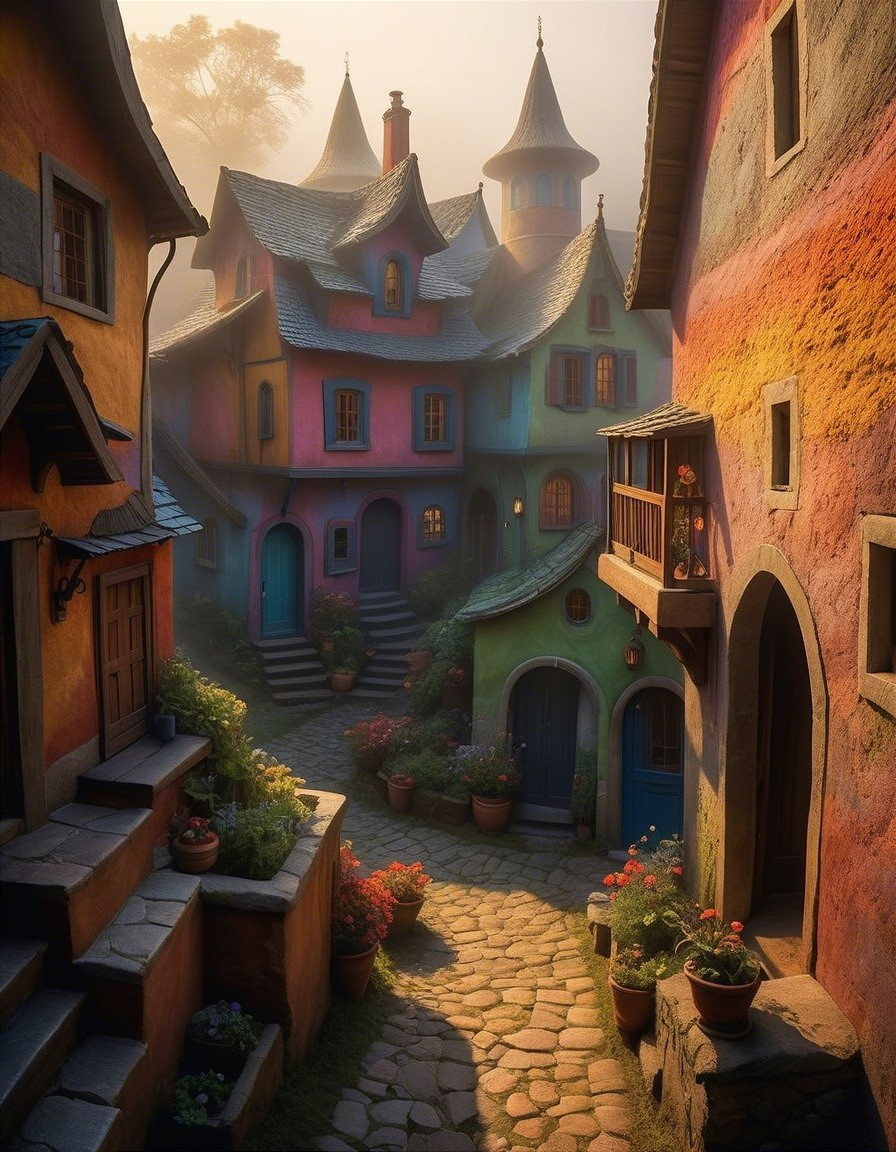 Whimsical Village Scene with Colorful Houses and Flowers