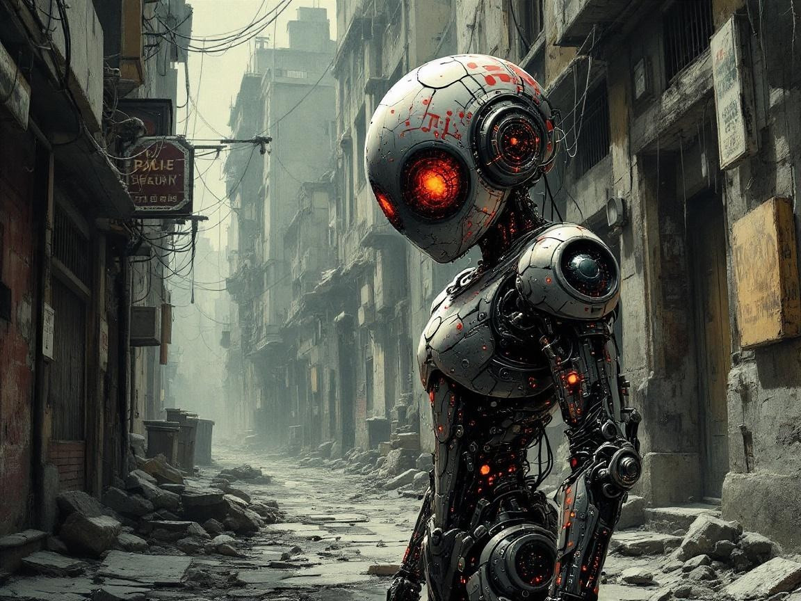 Humanoid Robot in a Desolate Urban Landscape