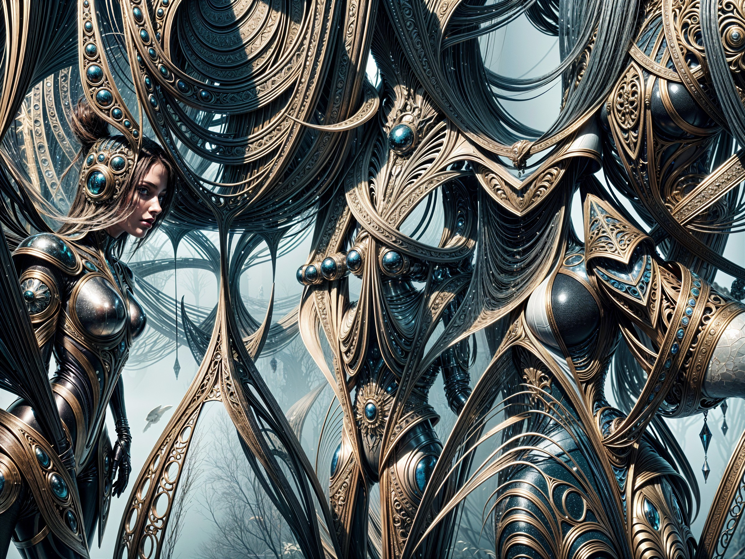 Futuristic scene with ornate organic-mechanical structures