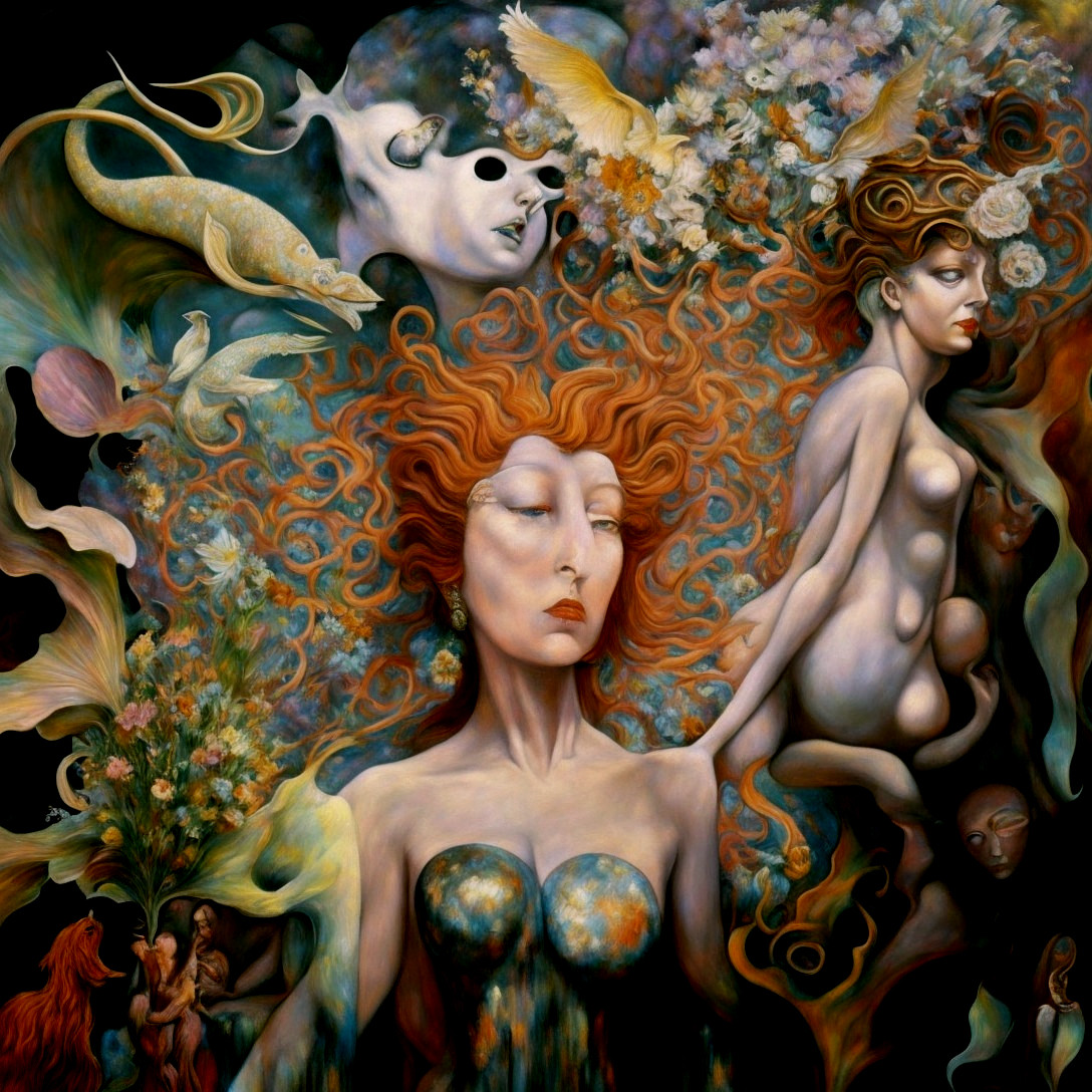 Surreal Artwork with Vibrant Woman and Mystical Elements