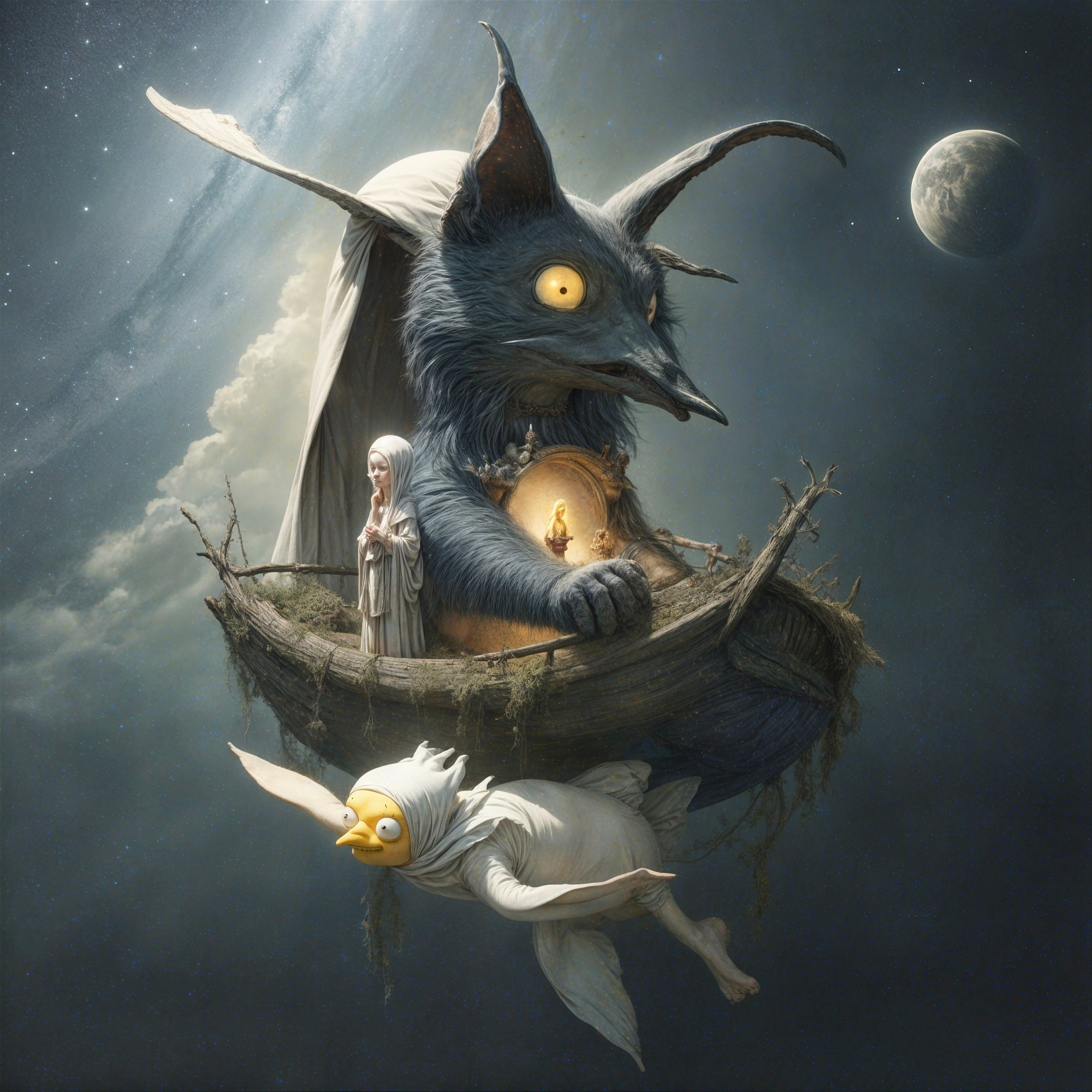 Mystical Creature Cradling Figure in Starry Landscape