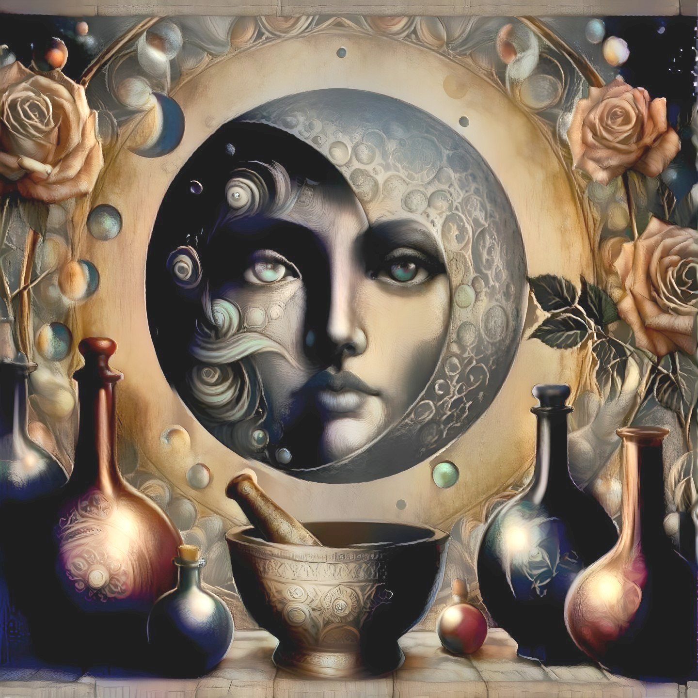 Surreal Moon and Woman's Face with Celestial Elements