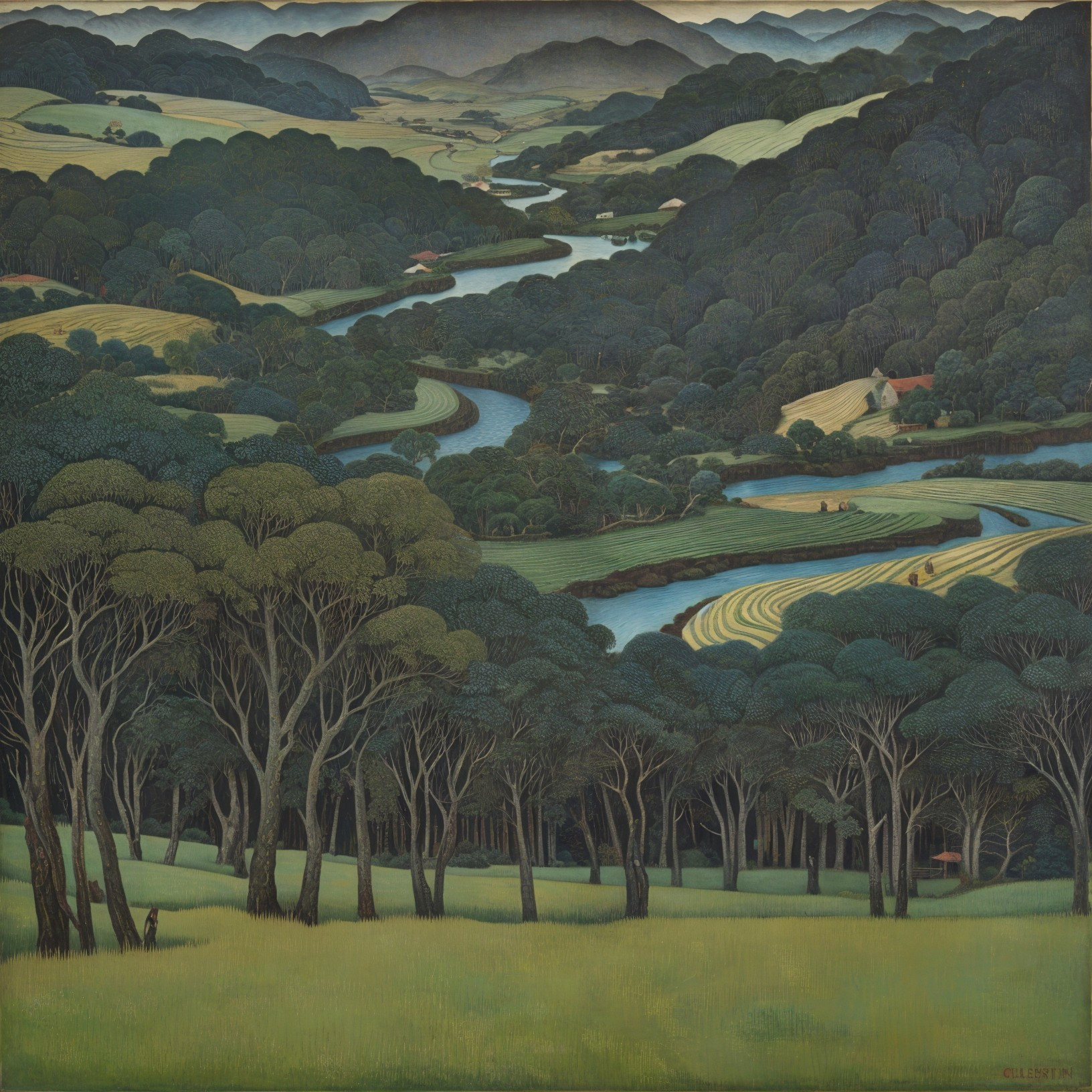 Lush Green Landscape with River and Rolling Hills