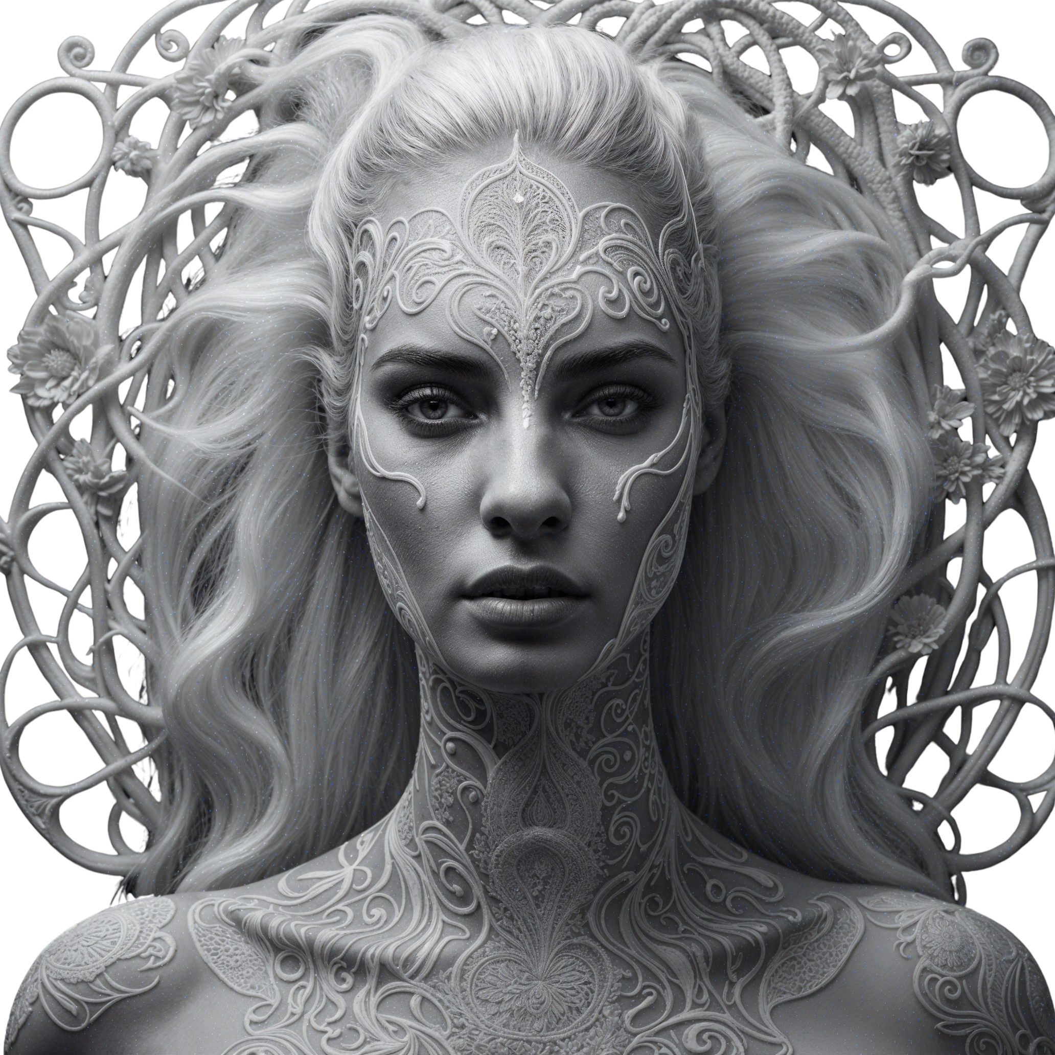 Portrait of a Woman with White Body Art and Lace Patterns