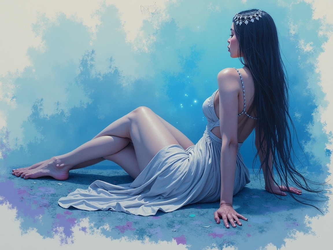 Serene Figure in Silver Gown with Ethereal Background