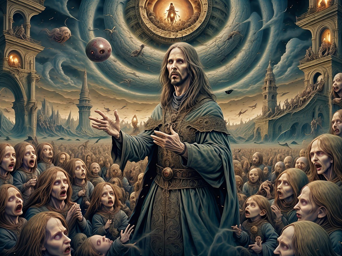 Mysterious figure amidst anguished crowd and surreal backdrop